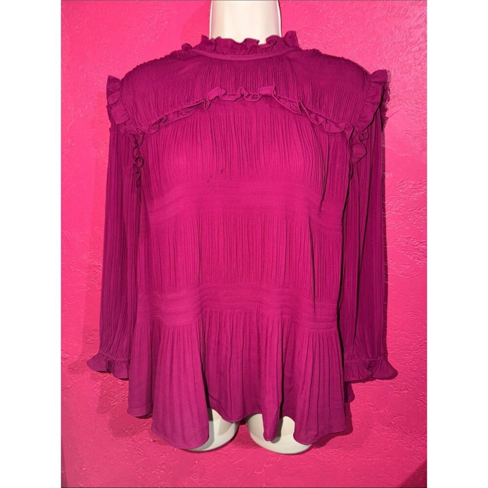 Ted Baker romantic burgundy/ wine Ruffled High-Neck long sleeved Blouse.  Sz 2